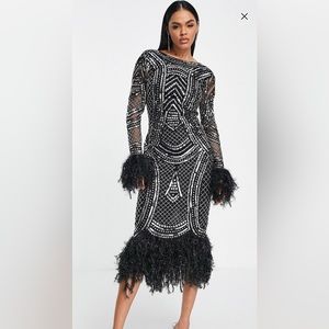 ASOS DESIGN long sleeve embellished midi dress with faux feather trims in black